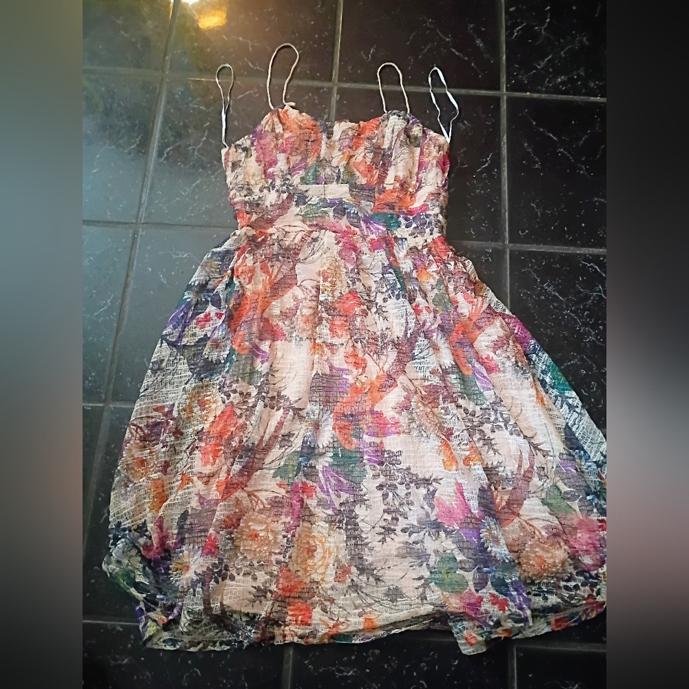 Anthropologie Maeve Mackenzie Floral Spaghetti Strap Dress Peach Pink Purple 10